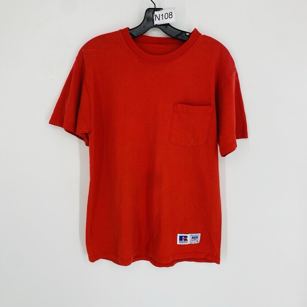Vintage Russell Athletic Mens Medium Made In USA High Cotton Pocket T Shirt Red